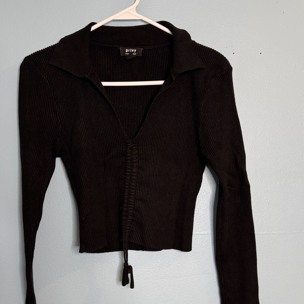 Privy Black Ribbed Long Sleeve Top